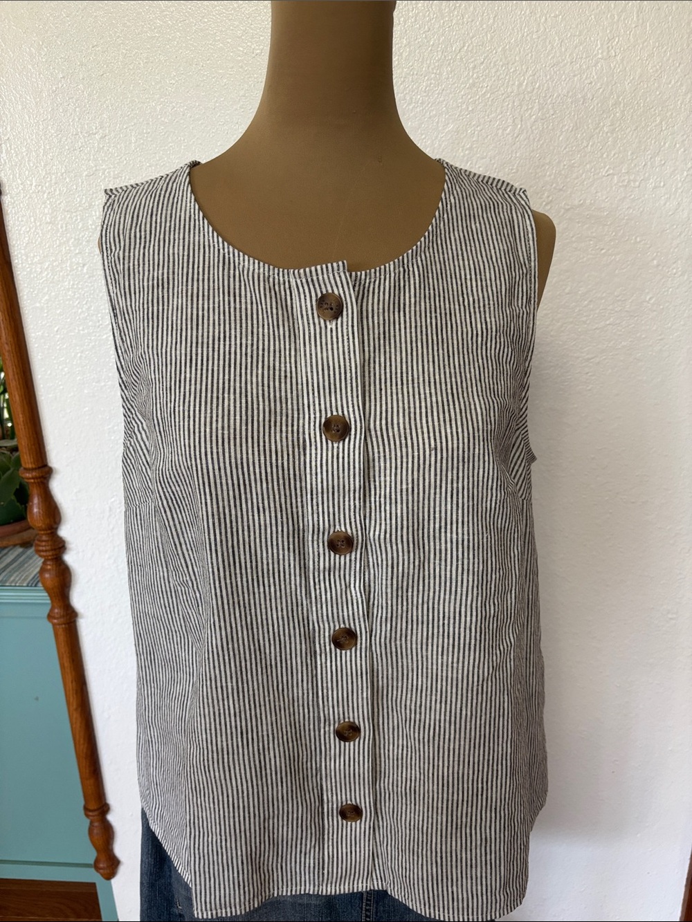 J Crew Factory black /cream linen striped button down. Size medium.
